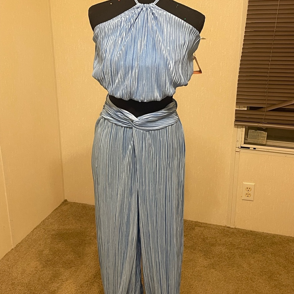 SHEIN Light Blue Pleated Halter Jumpsuit